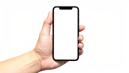A hand holding a smartphone with a blank white screen, isolated