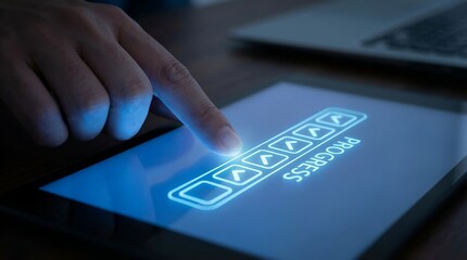 Person Interacting with Digital Progress Bar on Tablet Screen.