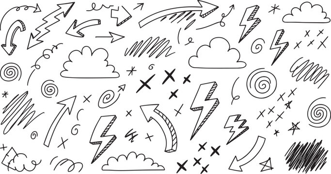 Hand drawn doodle arrows clouds and lightning bolts set Sketchy swirls scribbles and abstract design elements vector collection