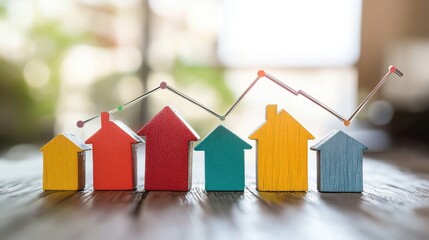 Colorful wooden house models illustrate a fluctuating line graph representing the housing market trends