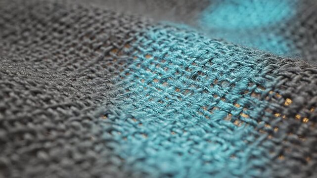 Blue woven fabric texture close up macro showing knitted yarn pattern and soft fibers with warm golden sunlight glow through open weave creating cozy rustic textile mood and shallow depth of field