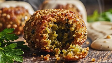 A detailed closeup of a freshly fried falafel broken open to reveal its vibrant green herbpacked interior showcasing the delicious texture and wholesome ingredients resting on a rustic wooden board w.