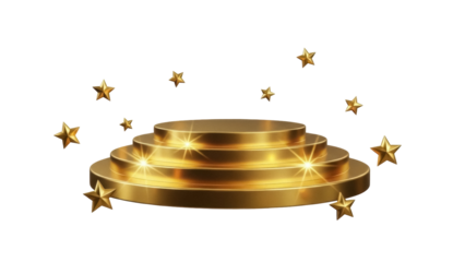 Golden three-tiered podium isolated PNG, stage platform with stars for product display and award ceremony on transparent background