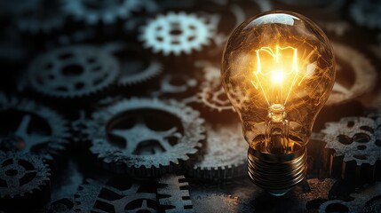 Glowing incandescent light bulb illuminates dark machinery gears representing innovation problem solving and brilliant ideas