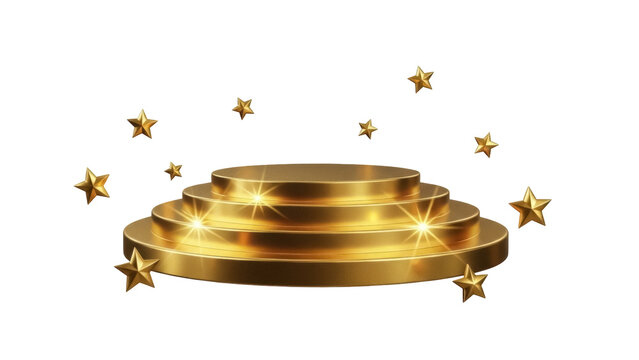 Golden three-tiered podium isolated PNG, stage platform with stars for product display and award ceremony on transparent background