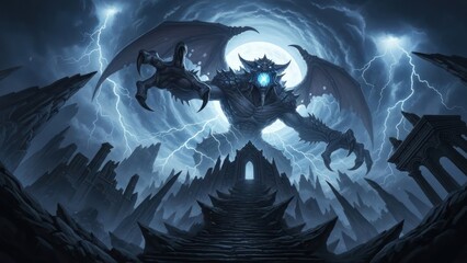 Powerful mythical demon creature with glowing eyes and large wings dominating a dark, stormy, apocalyptic landscape with lightning and ruins.