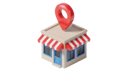 Cute store building with red location pin isolated PNG, small shop with awning on transparent background for maps and business concepts