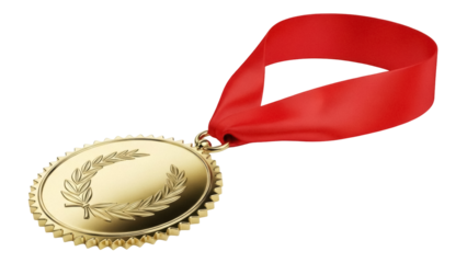 Gold medal with red ribbon isolated PNG on transparent background, award for sports achievement and competition success