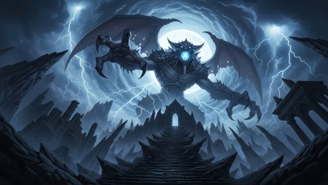 Powerful mythical demon creature with glowing eyes and large wings dominating a dark, stormy, apocalyptic landscape with lightning and ruins. - Powered by Adobe