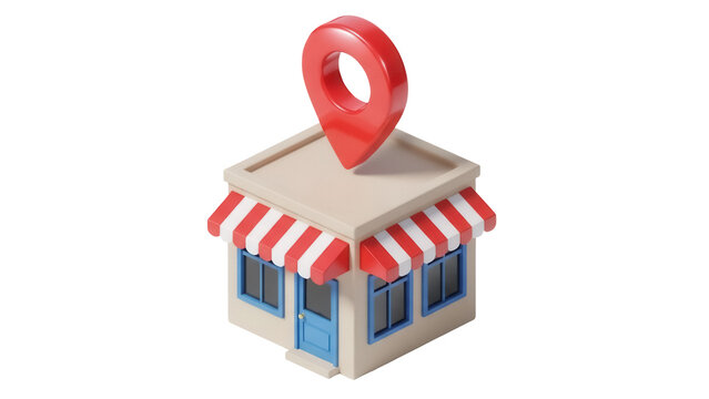 Cute store building with red location pin isolated PNG, small shop with awning on transparent background for maps and business concepts