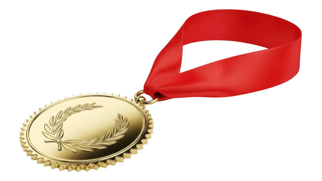 Gold medal with red ribbon isolated PNG on transparent background, award for sports achievement and competition success
