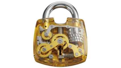 Transparent yellow padlock with visible gears isolated PNG, intricate mechanism and security device for graphic design and educational purposes