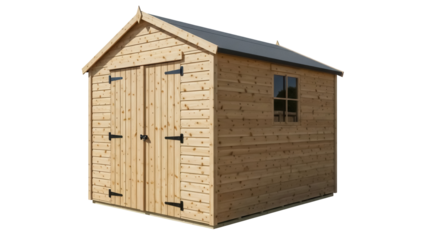 Wooden garden shed isolated PNG on transparent background, outdoor storage building with double doors and window for backyard or garden equipment