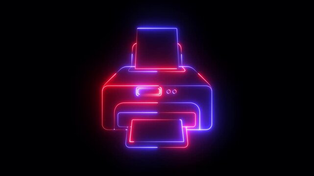 Glowing neon printer icon animation on black background. printer icon with document, representing digital printing and office technology. suitable for office printing, documents.