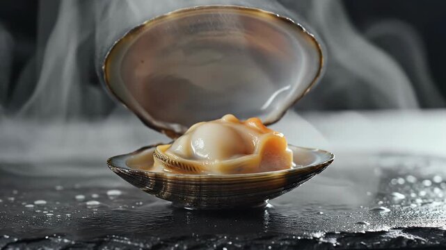 Raw clam shell opening with steam on dark slate