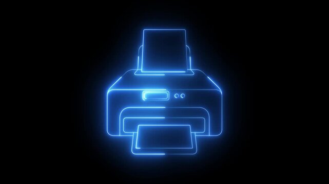 Glowing neon printer icon animation on black background. printer icon with document, representing digital printing and office technology. suitable for office printing, documents.