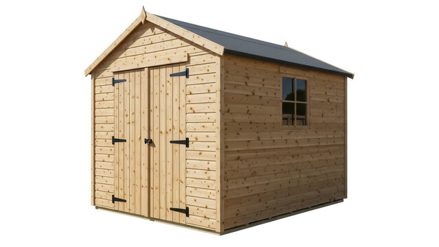 Wooden garden shed isolated PNG on transparent background, outdoor storage building with double doors and window for backyard or garden equipment