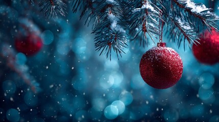 Snow-dusted red bauble adorns a wintery pine branch, evoking festive cheer.