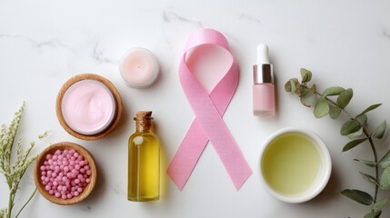 Pink Ribbon Breast Cancer Awareness with Natural Skincare Products on White Background