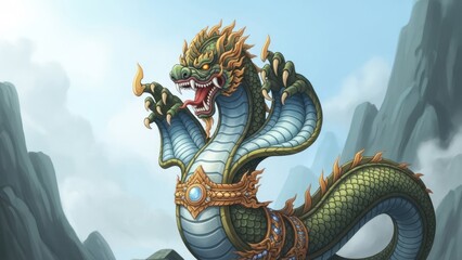 Mystical multi-headed green serpent creature, adorned with gold and jewels, embodying an ancient mythical dragon or Naga in a fantasy setting.