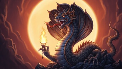 Powerful Mythical Serpent Holding Flaming Torch Against Glowing Orb Sky in Fantasy Art