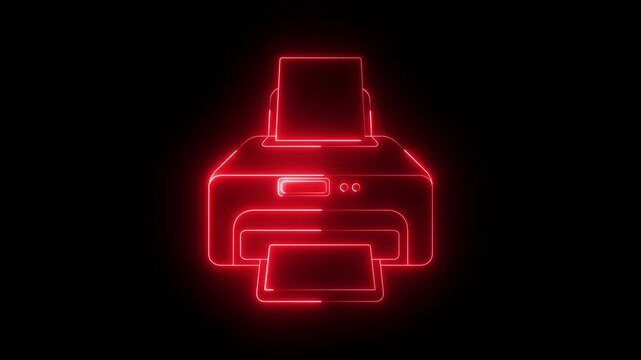 Glowing neon printer icon animation on black background. printer icon with document, representing digital printing and office technology. suitable for office printing, documents.