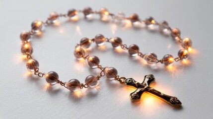 Glowing Catholic Rosary Beads with Cross and Warm Lights on Dark Background