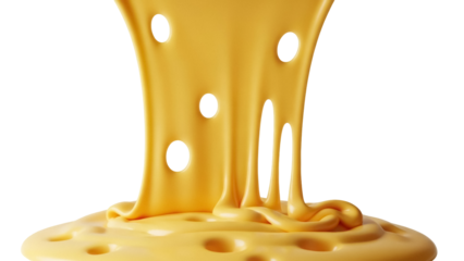 Swiss cheese with holes isolated PNG, yellow dairy product dripping on transparent background, food design element for packaging and advertising