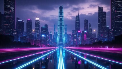 Obraz premium Futuristic City Skyline at Night with Vibrant Neon Lights and Dynamic Light Trails on a Modern Highway