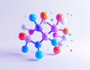 Abstract, vibrant molecule model with colorful spheres and connected lines