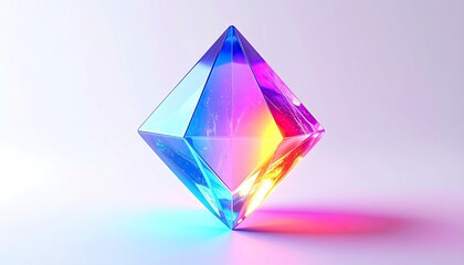 Prism-like diamond shape refracting light, vibrant colors on a gradient