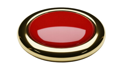 Red push button with golden rim isolated PNG, shiny round switch for user interface and control panels on transparent background
