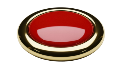 Red push button with golden rim isolated PNG, shiny round switch for user interface and control panels on transparent background
