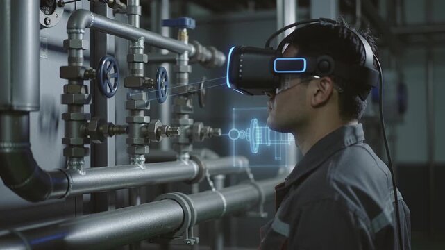 Man using virtual reality headset to view industrial pipe system with augmented reality schematics for maintenance