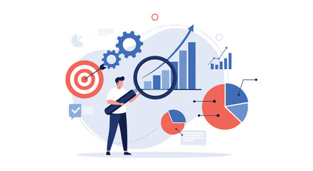 Man meticulously analyzing business growth charts and data with magnifying glass, achieving targets and optimizing performance in a modern strategy session.
