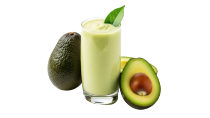 Delicious avocado smoothie in glass isolated PNG, healthy green drink with fresh fruit on transparent background, vegan beverage