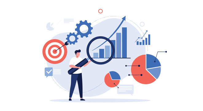 Man meticulously analyzing business growth charts and data with magnifying glass, achieving targets and optimizing performance in a modern strategy session.