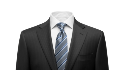 Elegant pinstripe suit with blue tie isolated PNG, formal attire for business or special occasions on transparent background