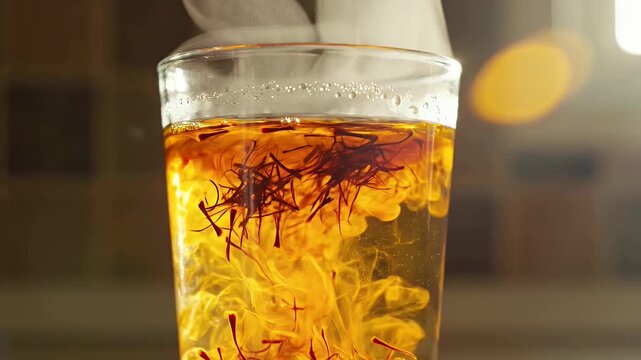 Saffron threads infusing in clear liquid