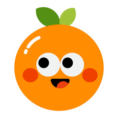 Cute orange fruit character face icon with leaves flat illustration isolated on transparent background.
