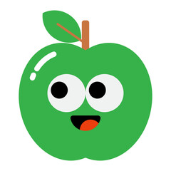 Cute green apple cartoon character with big eyes and smile, flat icon style, isolated on transparent background.