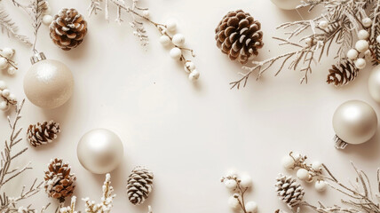 White and Cream Christmas Background with Matte Cream Ornaments, Dried Pine Cones and Branches, Cozy Minimal Holiday Layout