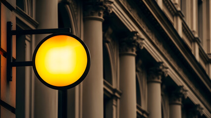 Warm oval sign on a building facade with columns