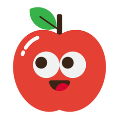 Cute smiling red apple character icon with big eyes and leaf, isolated on transparent background.