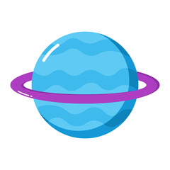 Cute ringed blue planet icon with purple orbit ring, flat cartoon illustration isolated on transparent background.