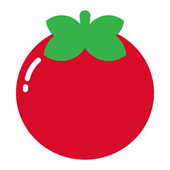 Flat red tomato icon with green leaves minimal illustration isolated on transparent background.