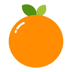 Simple flat orange fruit with green leaves and glossy highlight, isolated on transparent background.