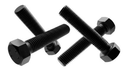 Three large, floating matte black oxide steel hex bolts, sharply defined threading, rim lighting on transparent studio background, concept of mechanical integrity and strength