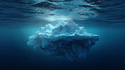 Majestic iceberg submerged in deep blue ocean illuminated by sunlight.