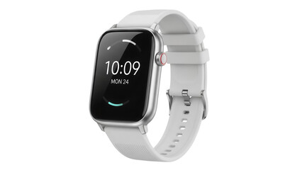 Modern silver smartwatch with white band isolated on transparent PNG, wearable tech for fitness tracking and digital lifestyle